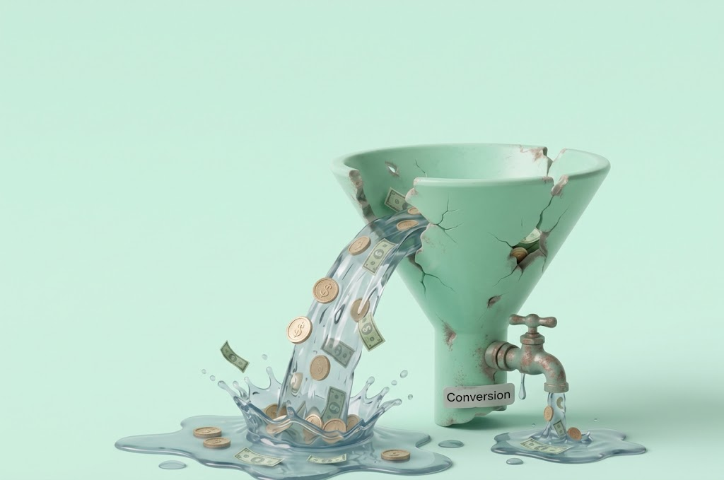 Illustration of a leaky funnel with trial users slipping through the cracks